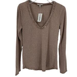 BKE Buckle V-Neck Knit Shirt Brown Cream Stripe Top Women's Size XS